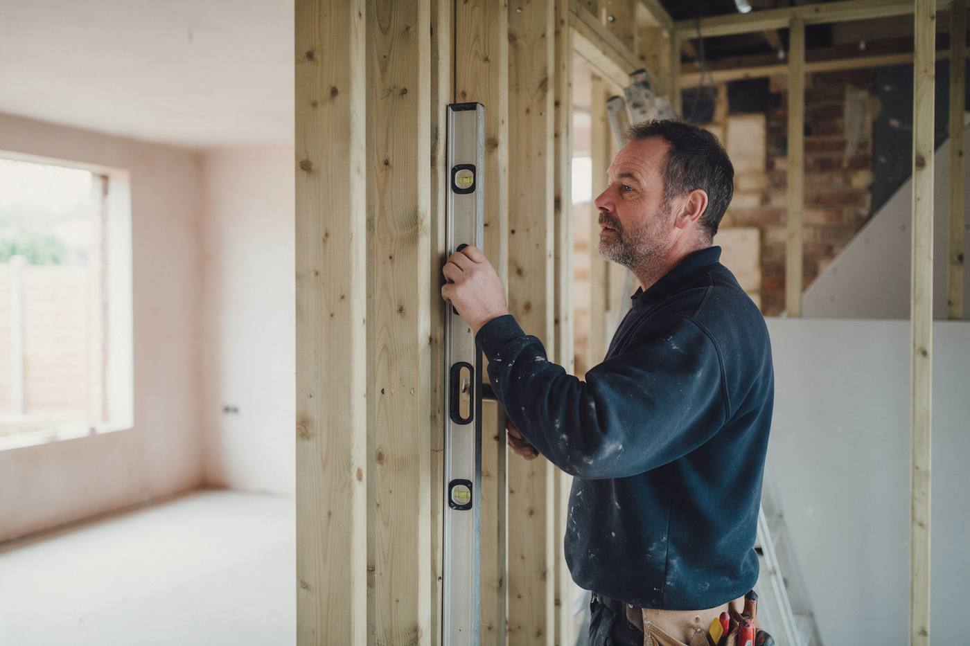 A builder holding a spirit level against a timber stud wall inside a house being renovated.