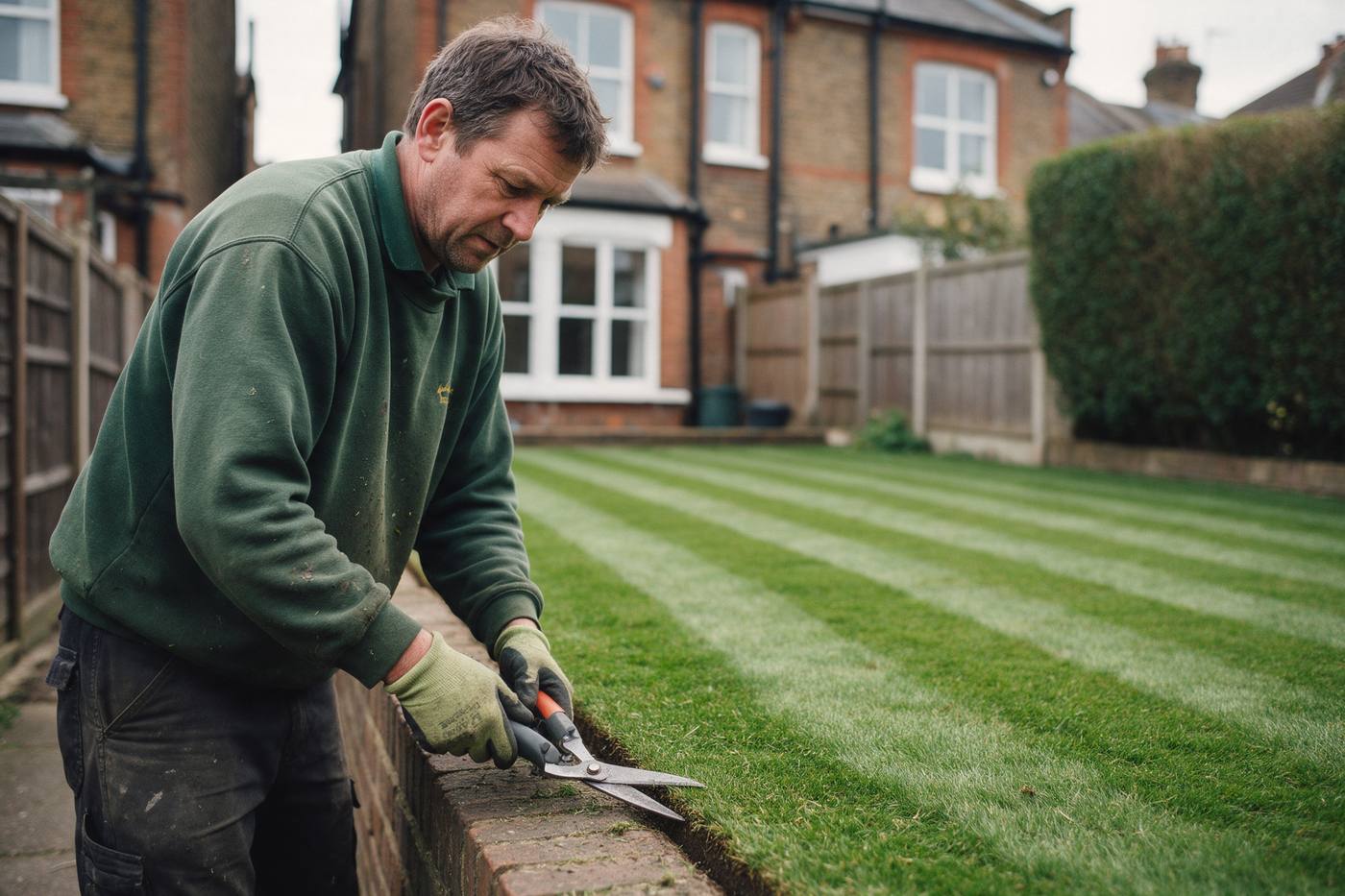 A gardener trimming the edge of a striped lawn with hand shears behind a terraced house.