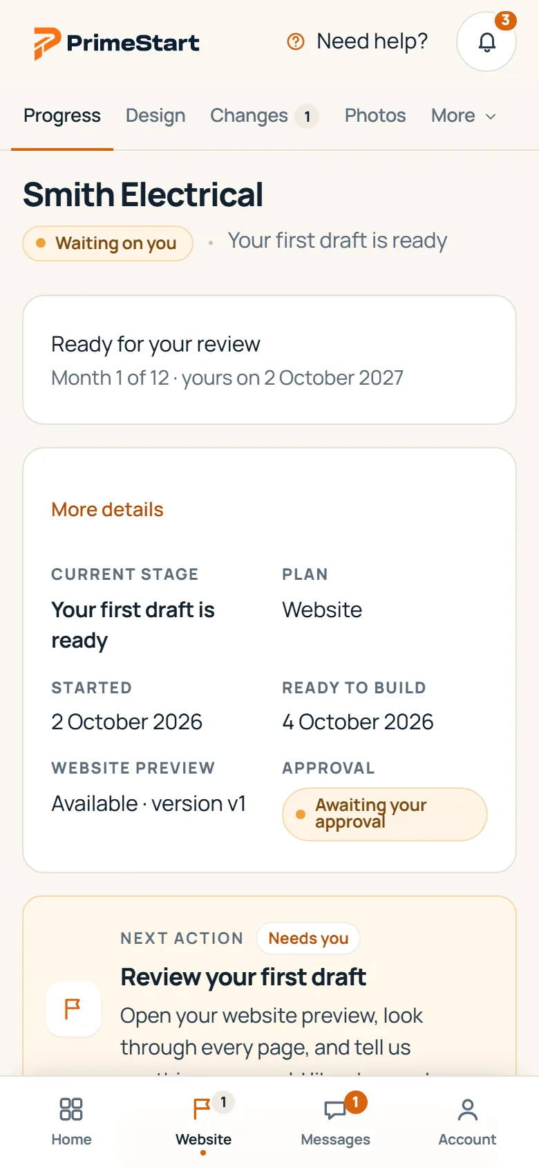 The Client Platform on a phone, showing a design ready to approve.