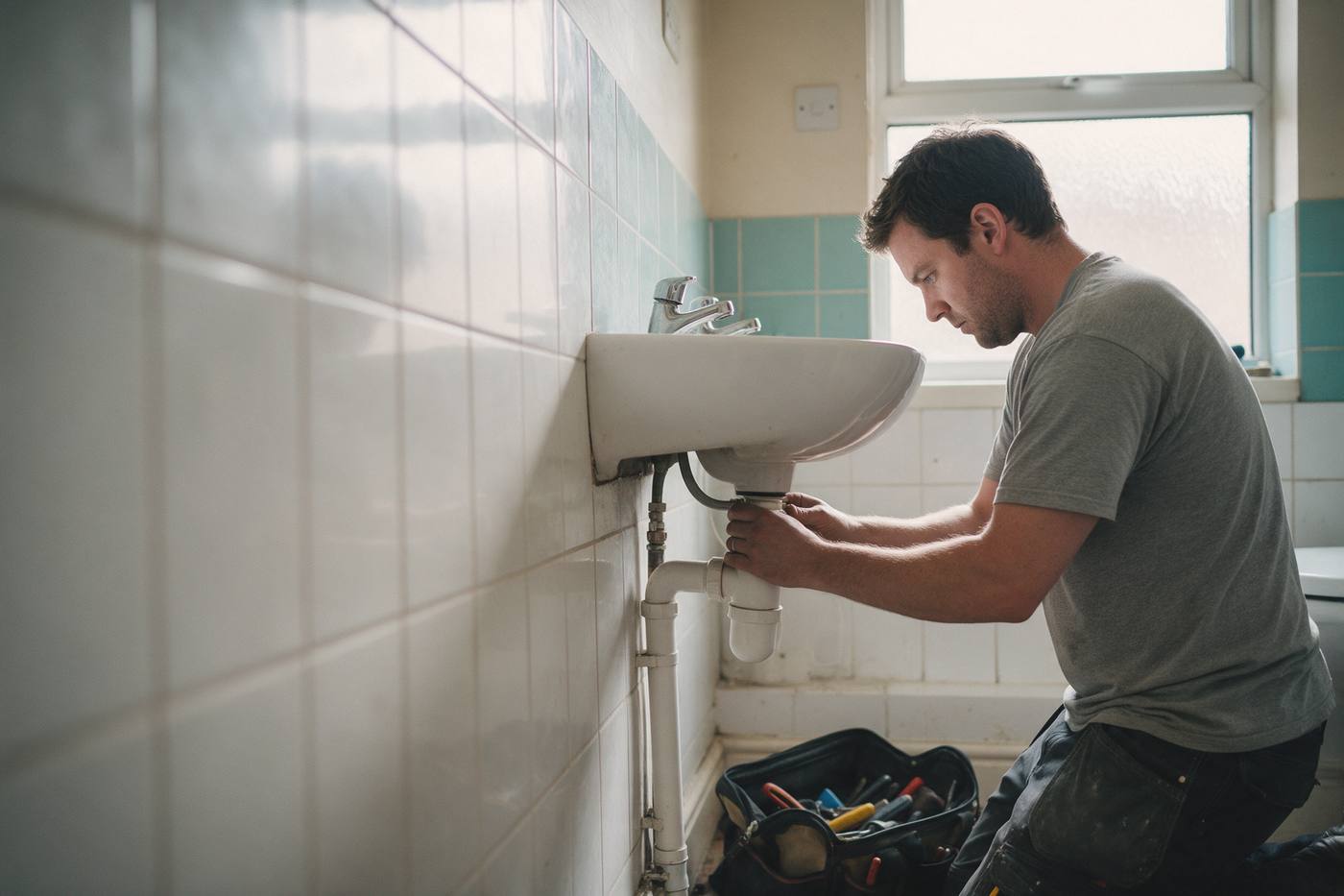 A plumber kneeling to fit the waste pipe under a wall-hung bathroom basin.