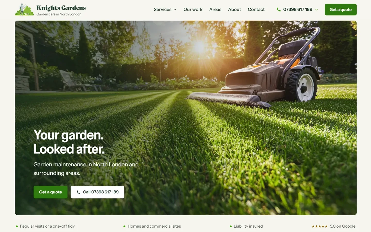 The Knights Gardens home page on a desktop.