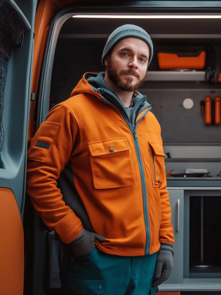 Tradesman standing at the back of his van with his tools organised behind him