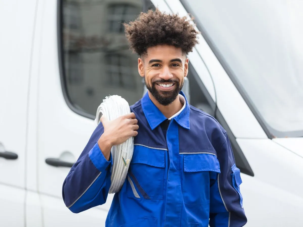 Electrician standing beside his van