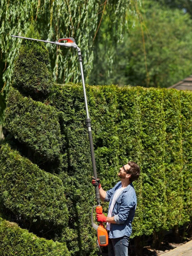 Landscaper trimming a tall hedge