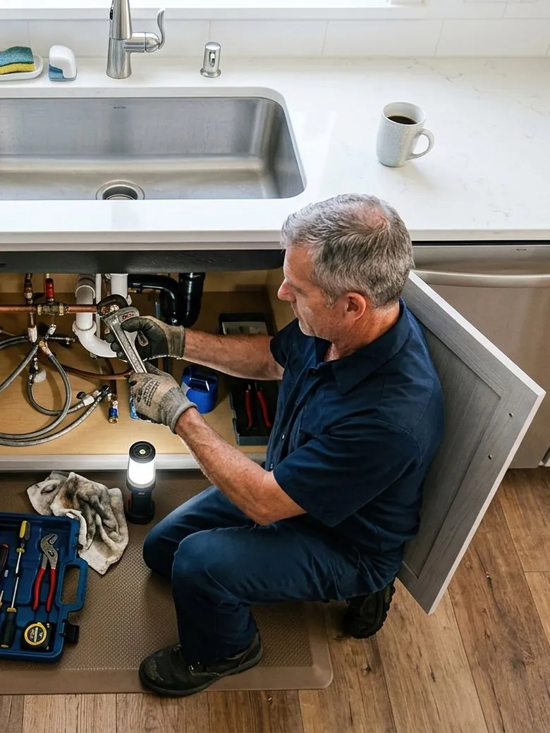Plumber working under a kitchen sink