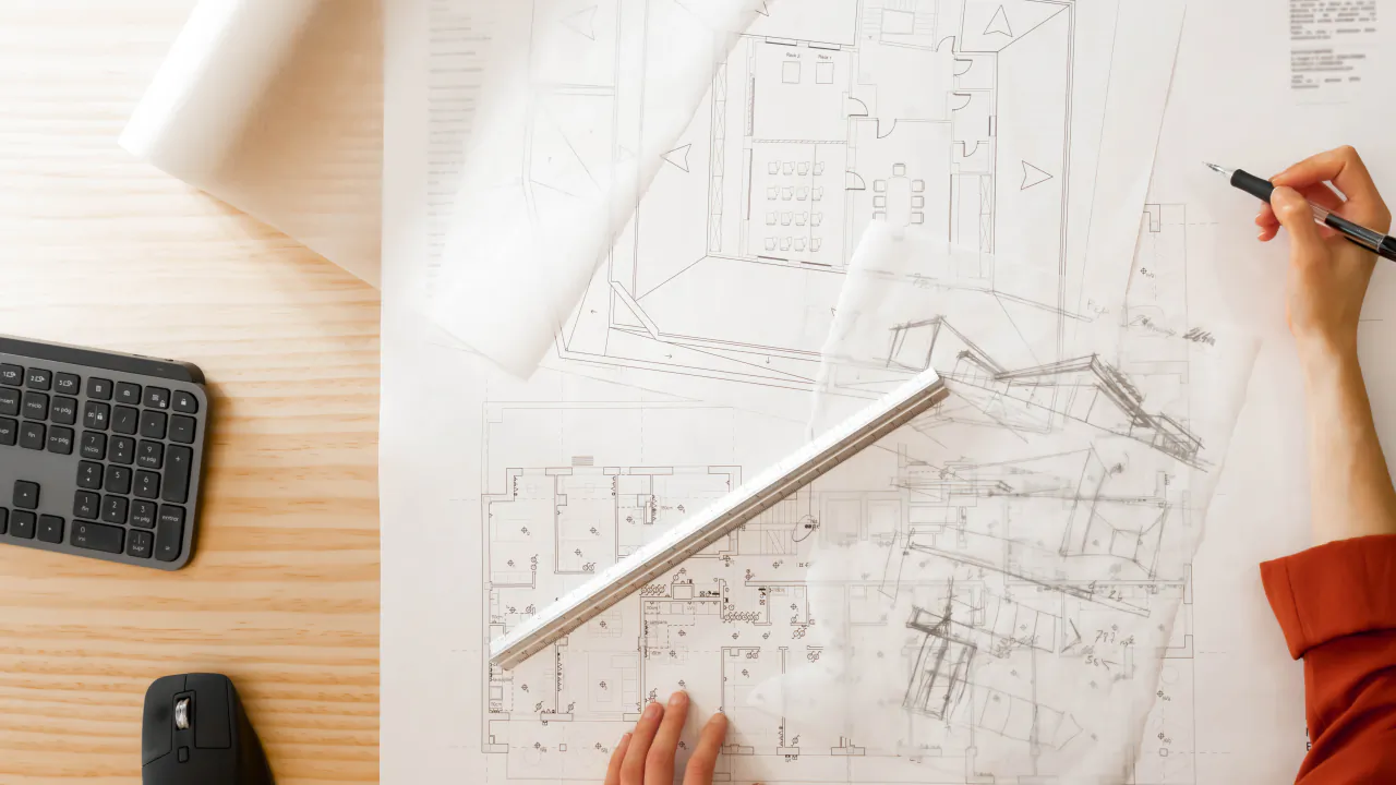 Architect sketching over floor plans and a rolled drawing on a pale wooden desk