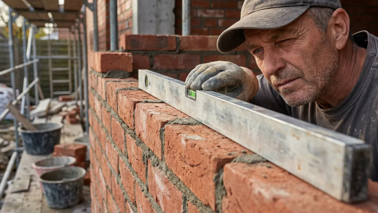 Bricklayer sighting along a spirit level laid on a freshly built red brick wall