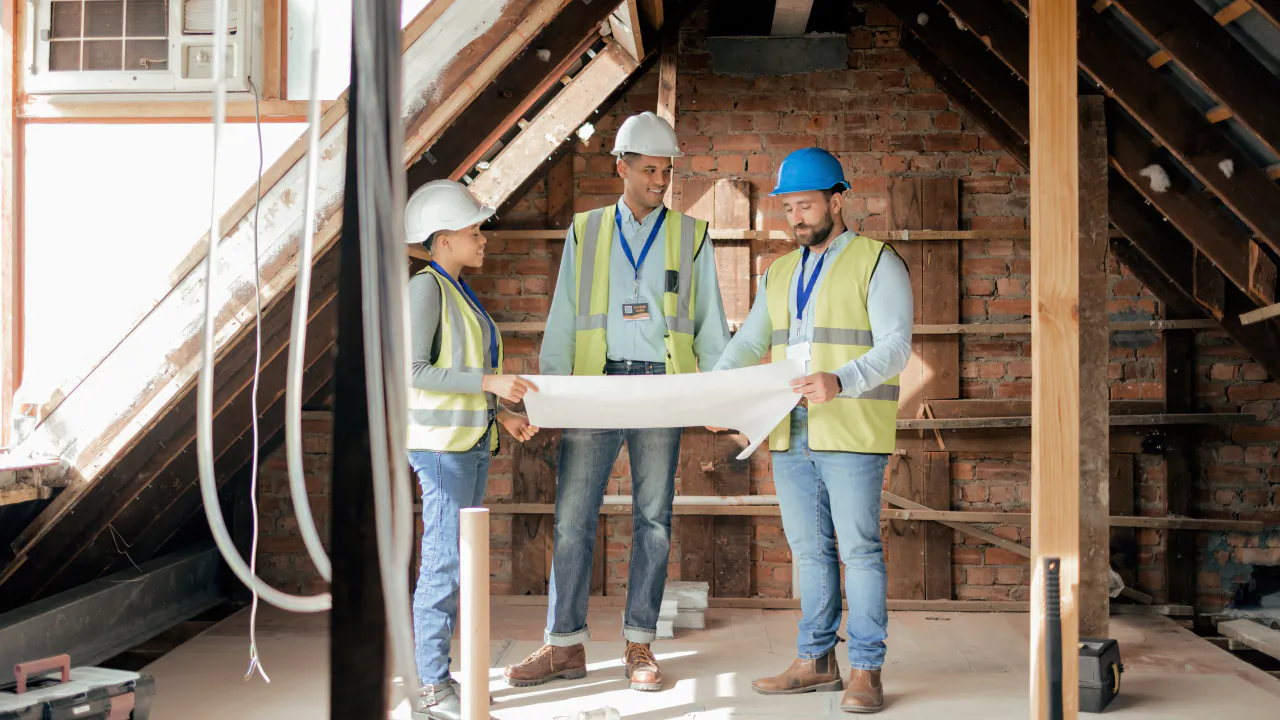 Three builders in hi-vis vests going over drawings inside a loft conversion in progress