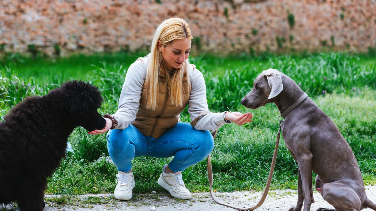 Dog trainer crouching to reward two dogs with treats during an outdoor session