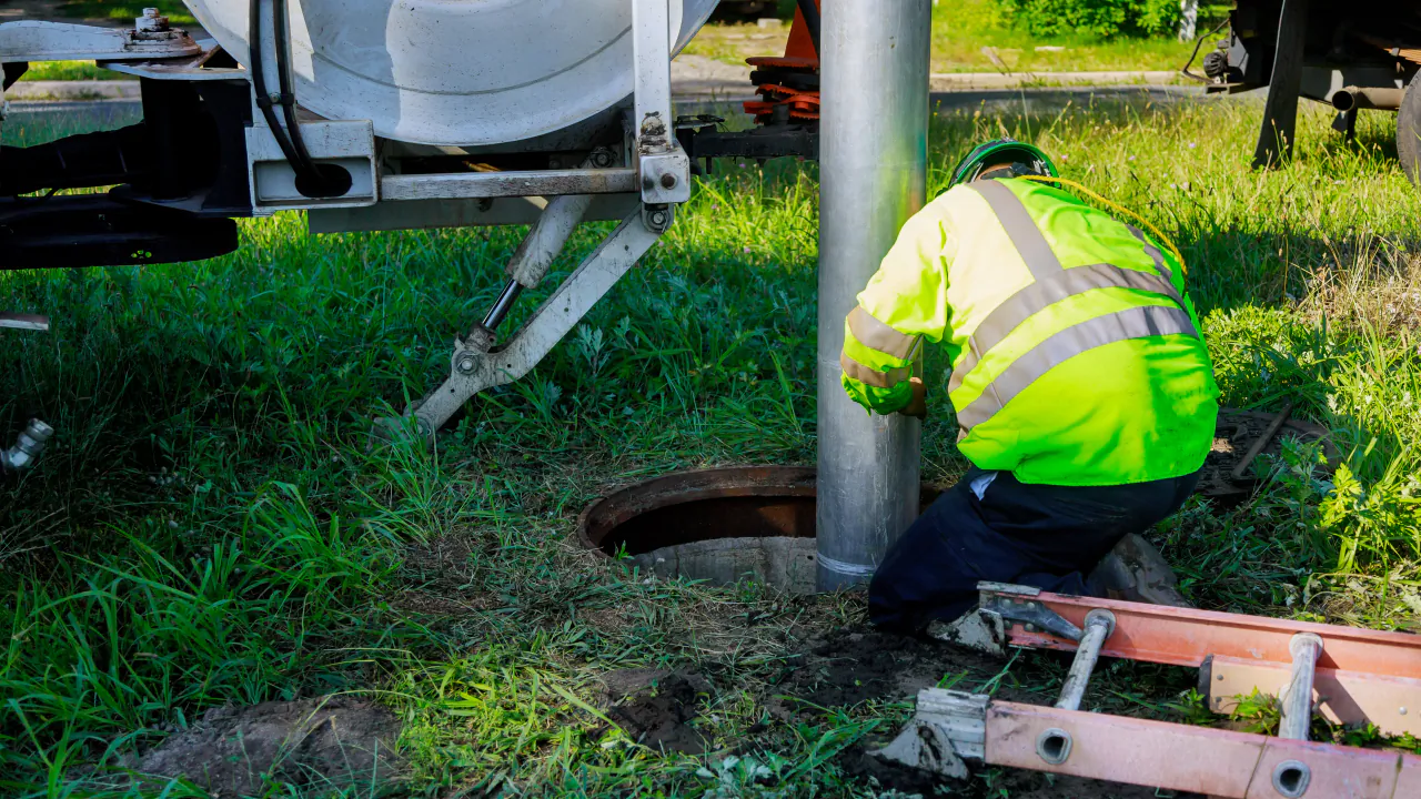 Drainage operative in hi-vis working at an open manhole beside a jetting tanker on a grass verge