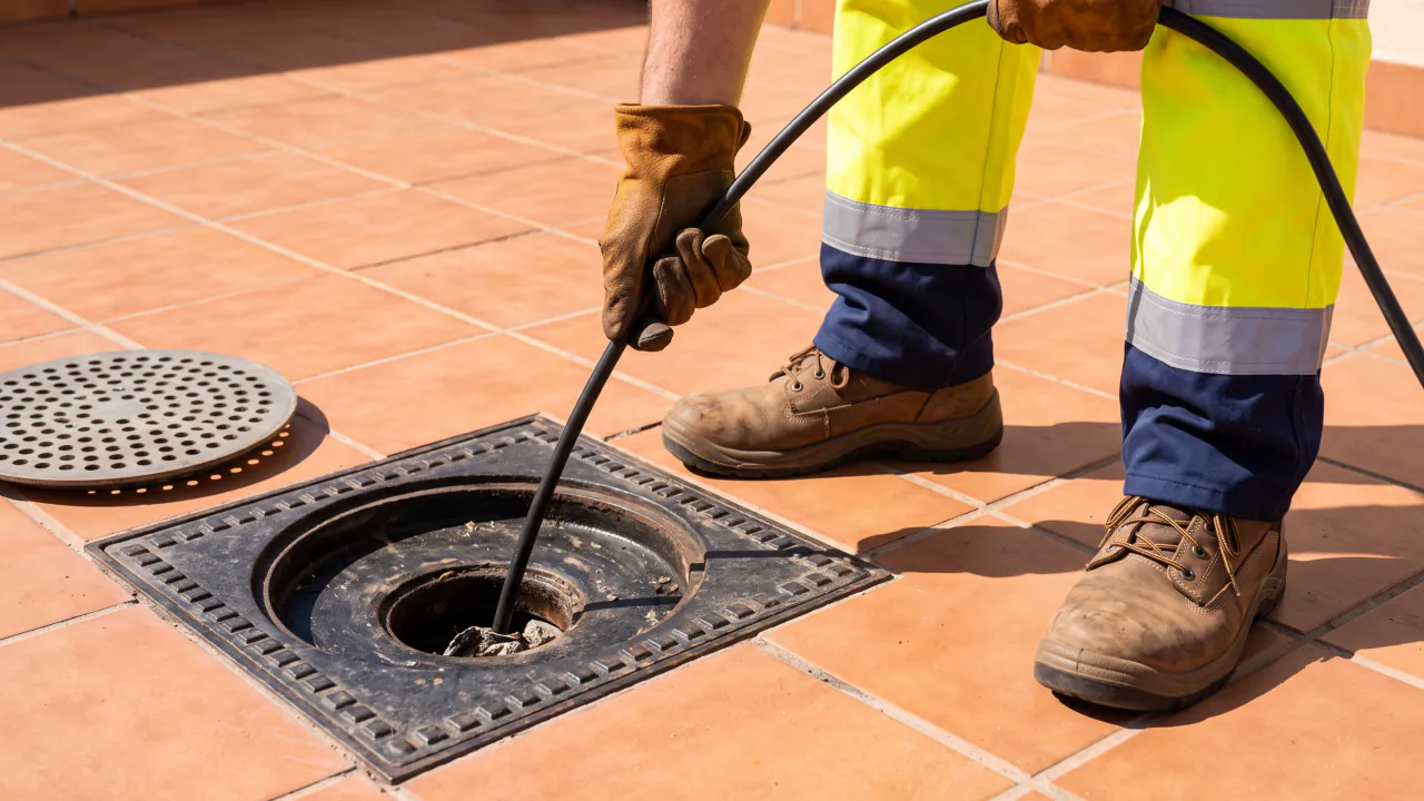Drainage engineer in hi-vis feeding a cable into an open drain on a patio