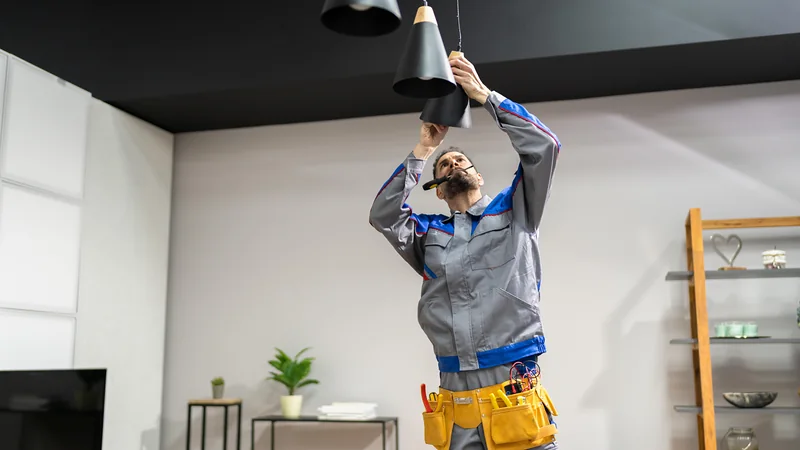 Electrician in grey overalls fitting black pendant lights to the ceiling of a living room