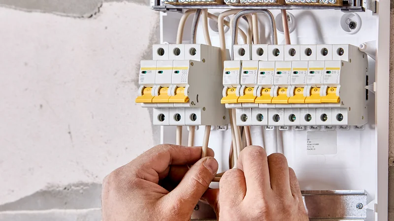 Electrician's hands connecting wires to the circuit breakers in a consumer unit