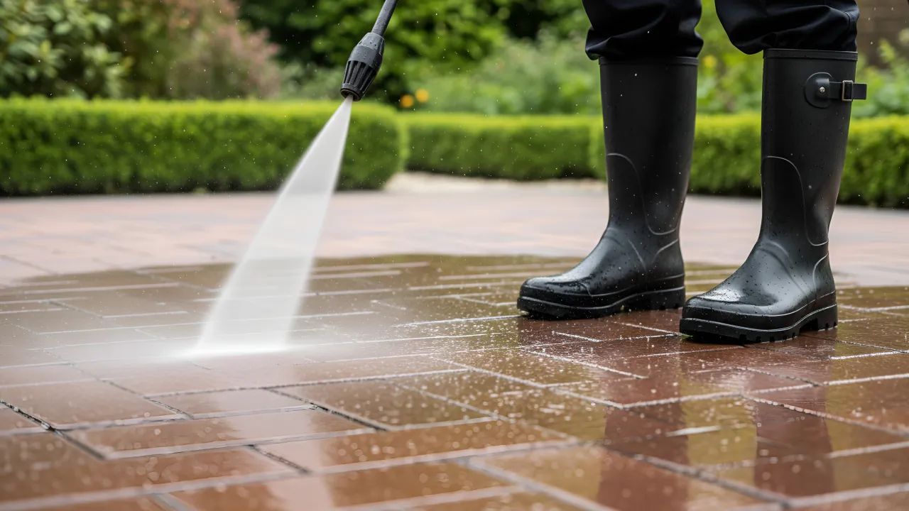 Pressure-washer lance blasting grime from patio slabs beside a clipped box hedge