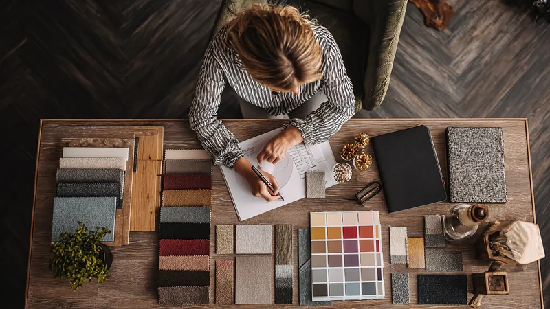 Interior designer seen from above choosing between fabric, stone and colour samples laid across a desk