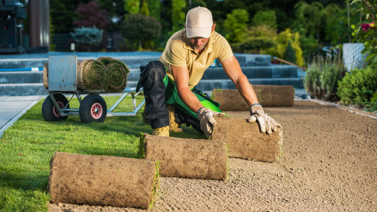 Landscaper unrolling fresh turf across a prepared garden with a barrow of rolls behind
