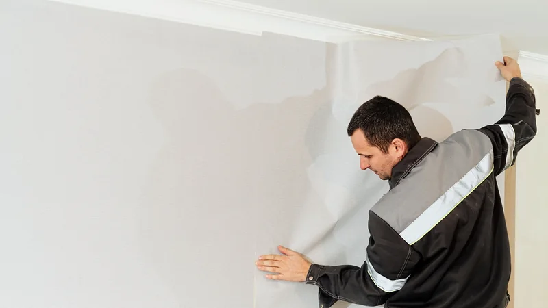 Decorator smoothing a length of pale wallpaper onto a freshly prepared wall