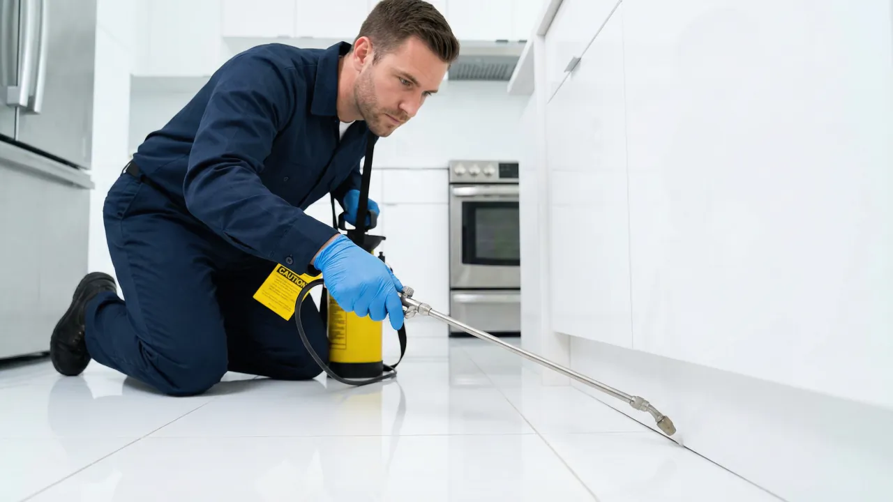 Pest control technician in blue overalls treating the base of kitchen units with a sprayer