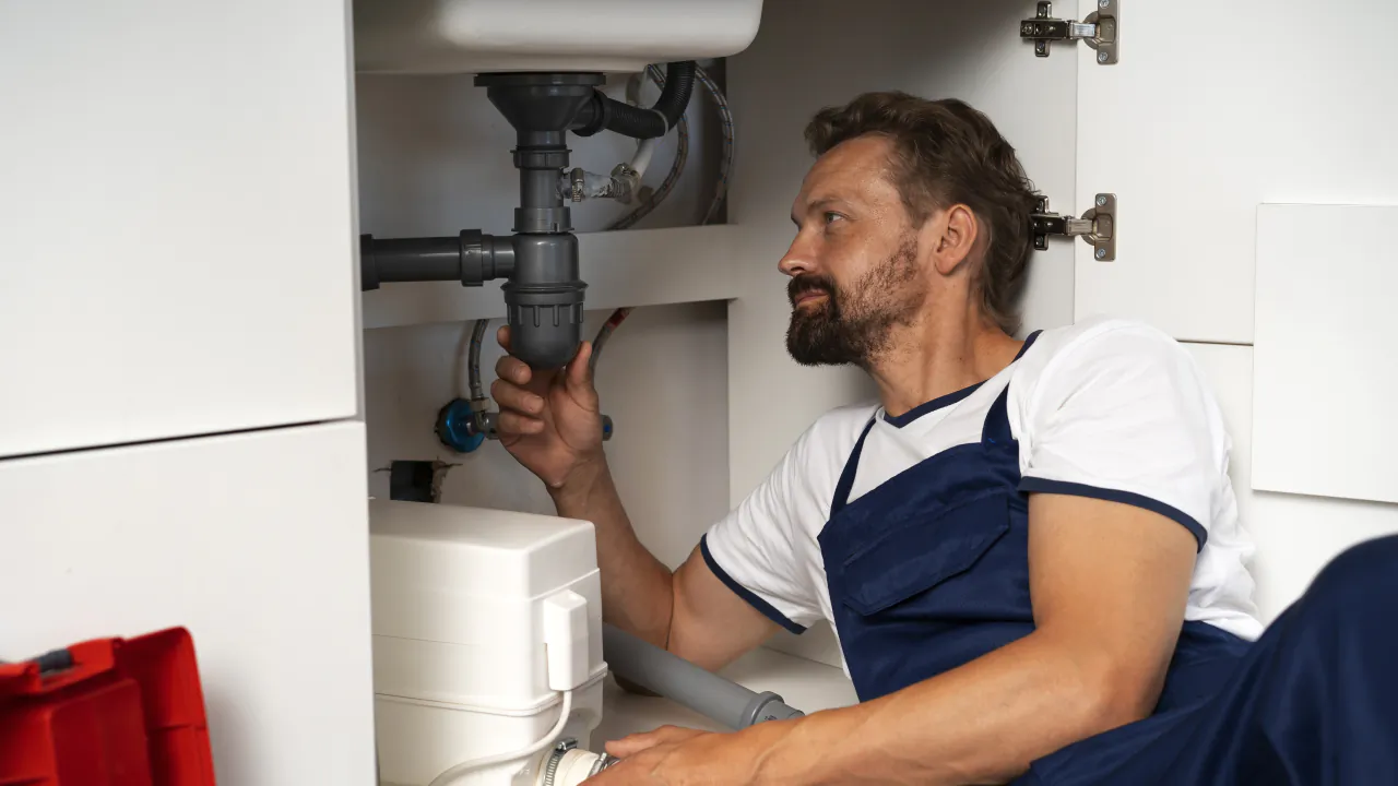 Plumber in overalls fitting the waste trap under a kitchen sink