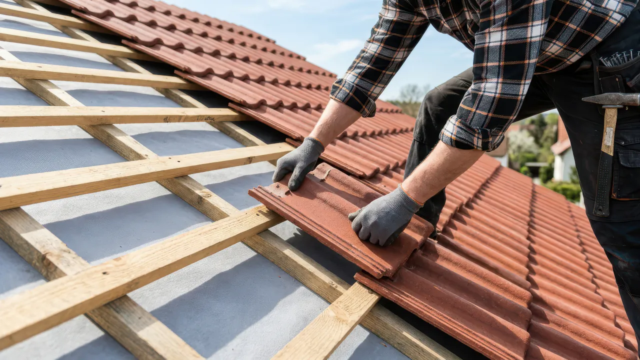 Roofer in gloves laying interlocking roof tiles onto the battens of a new pitched roof