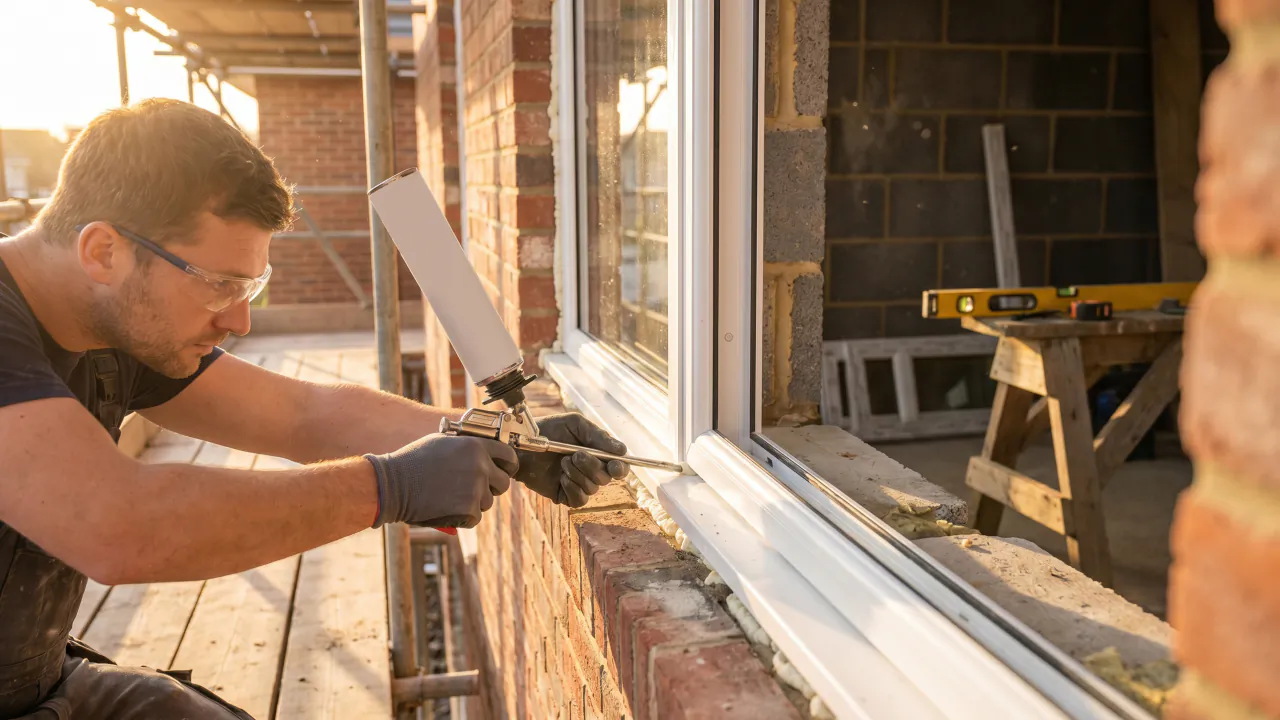Window fitter sealing a new white window frame into the brickwork of a house