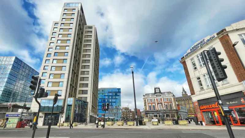 Navigator Square, the pedestrianised square built where Archway's gyratory used to run, with Vantage Point behind it