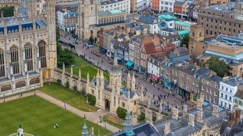 Aerial view of King's College Chapel and the old town of Cambridge