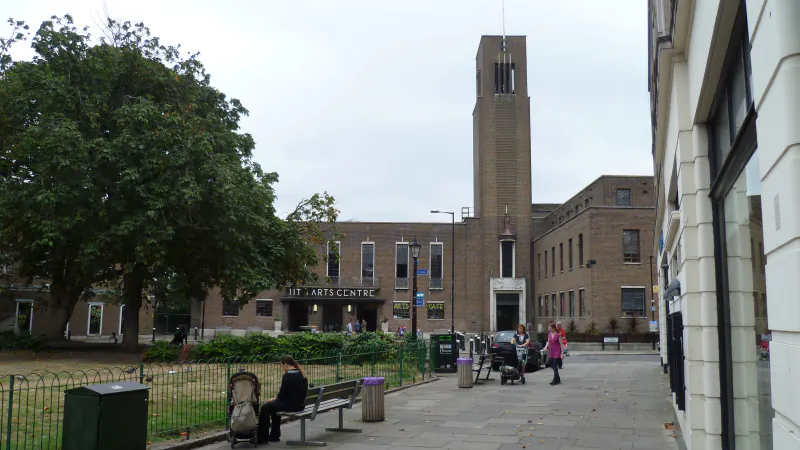 The Grade II* listed facade and clock tower of Hornsey Town Hall in Crouch End