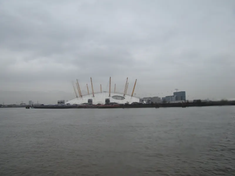 View of the O2 and the Emirates Air Line from the Thames Path, Cubitt Town, London