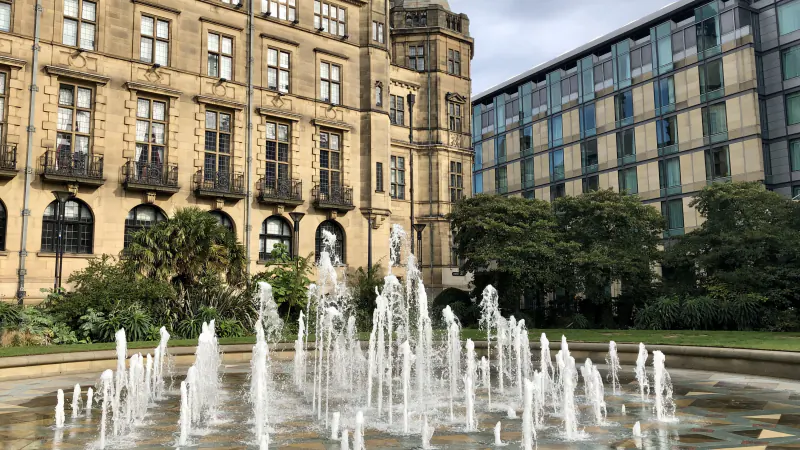 The fountains in the Peace Gardens in front of Sheffield Town Hall