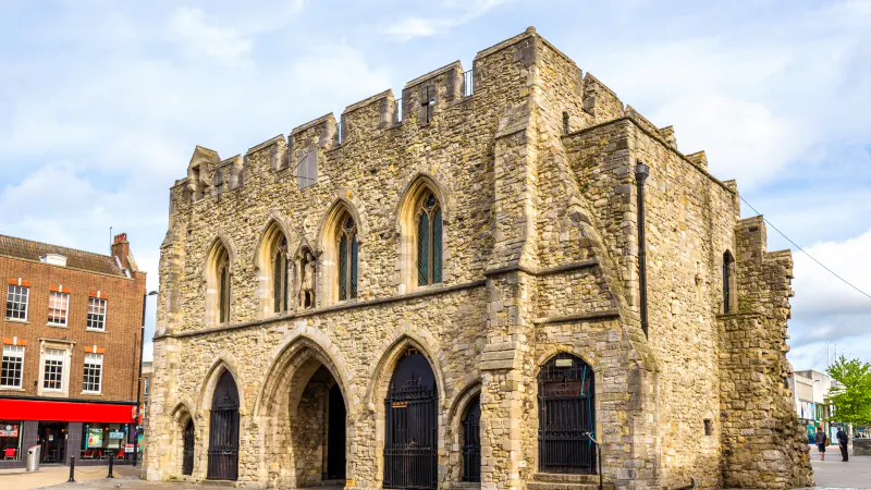 The Bargate, the medieval stone gatehouse at the top of Southampton high street, on a sunny day