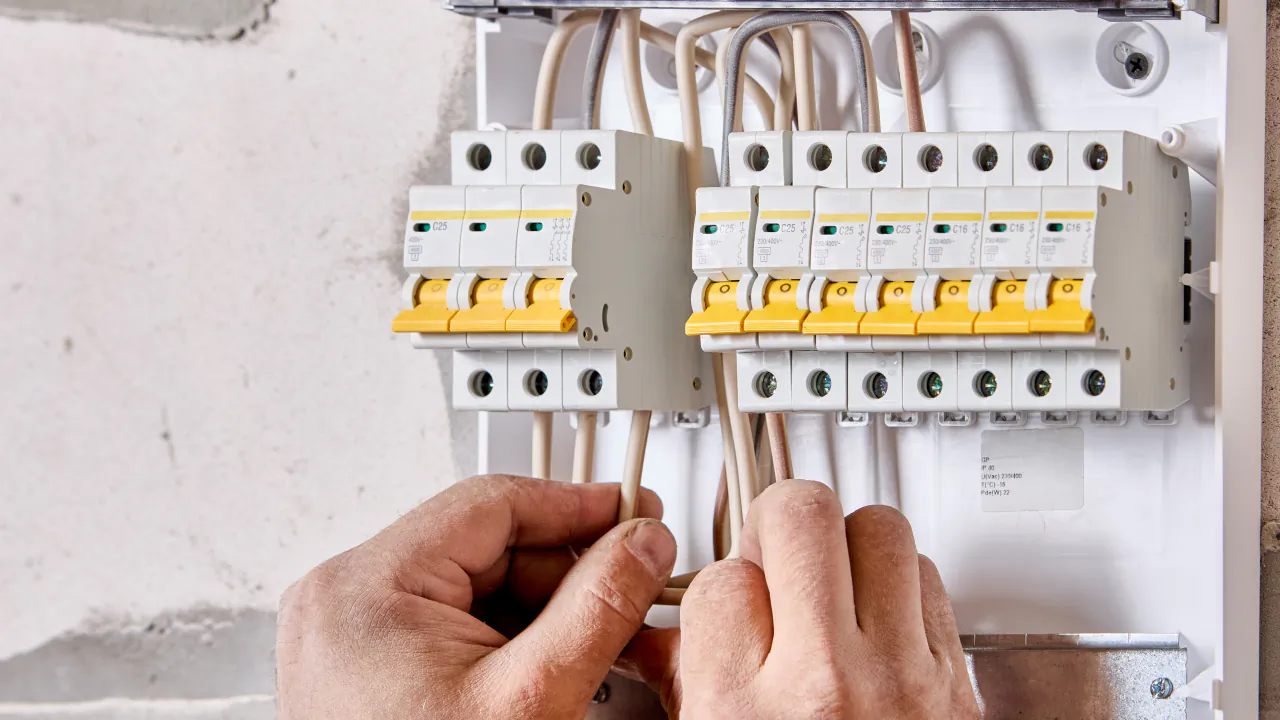 Electrician's hands connecting wires to the circuit breakers in a consumer unit