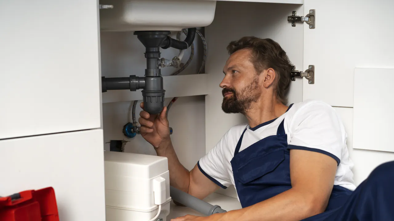 Plumber in overalls fitting the waste trap under a kitchen sink