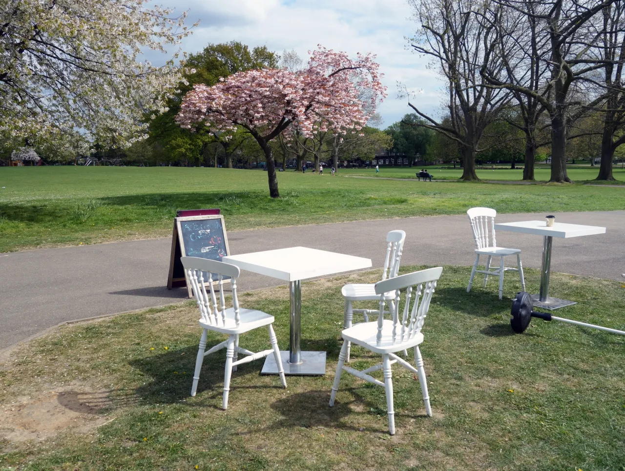 Acton Park with blossom trees and café seating