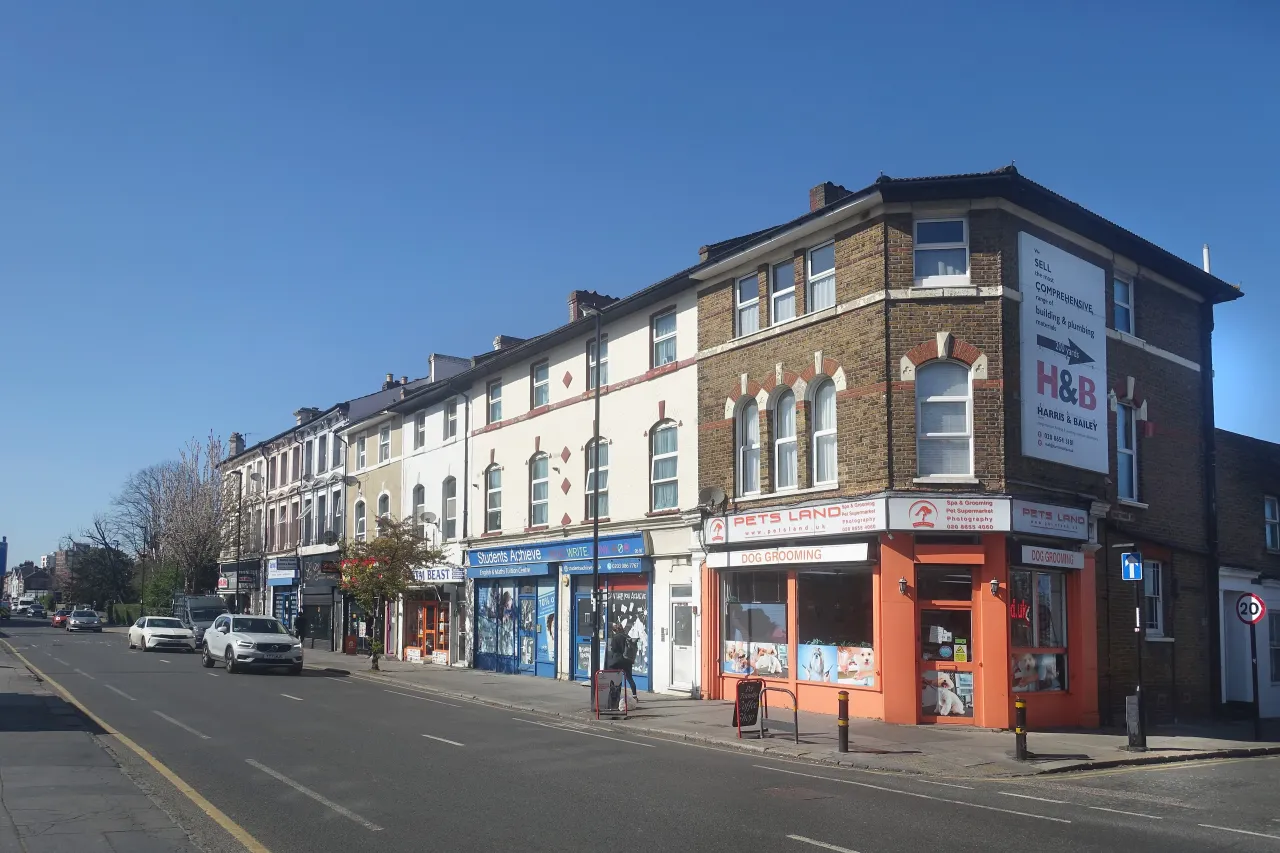 Shops and parade of Victorian buildings along Lower Addiscombe Road, Addiscombe