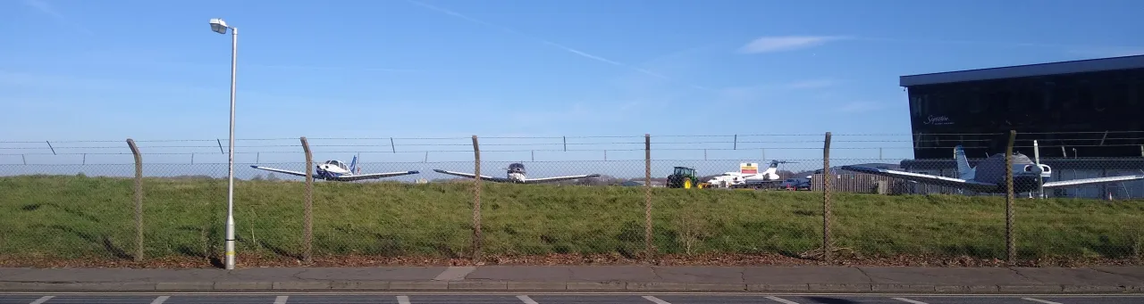 Terminal buildings and apron at Biggin Hill Airport, next to Aperfield