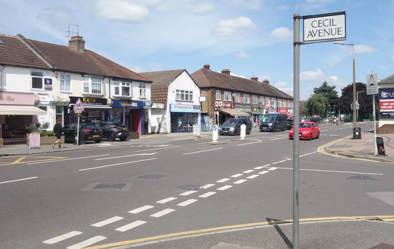 Shops and parade on Ardleigh Green Road at the Cecil Avenue junction, Hornchurch Green Road shops