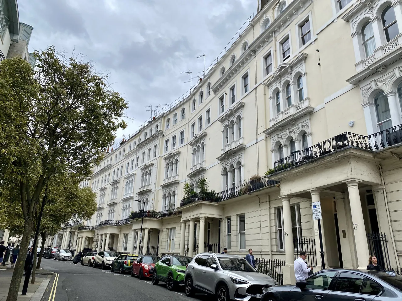 Stucco terraced houses on Kensington Gardens Square, Bayswater, from the Victorian building boom