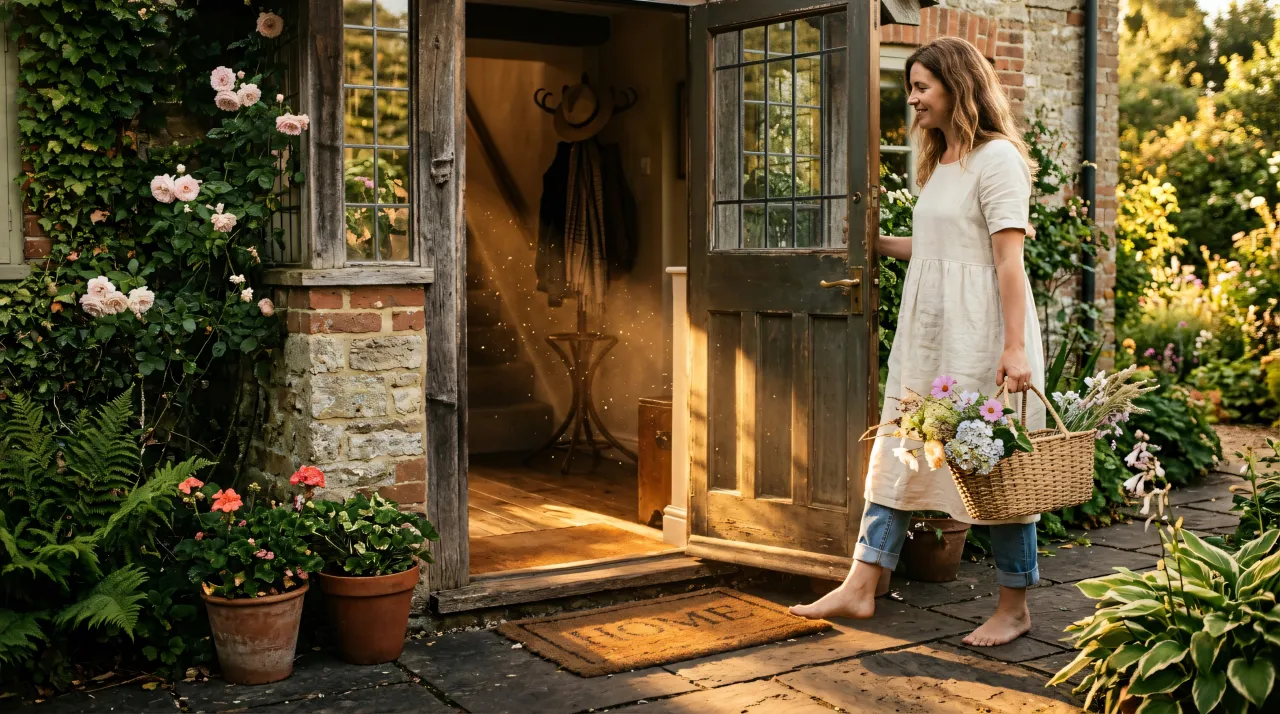 Host stepping out of a rose-covered cottage doorway with a basket, warm welcome at the door