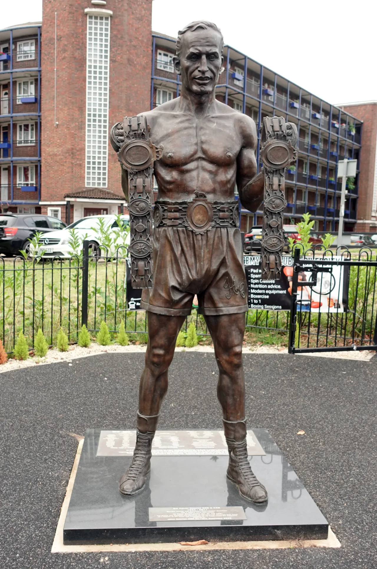 The Sir Henry Cooper statue, a local landmark in Bellingham, south London