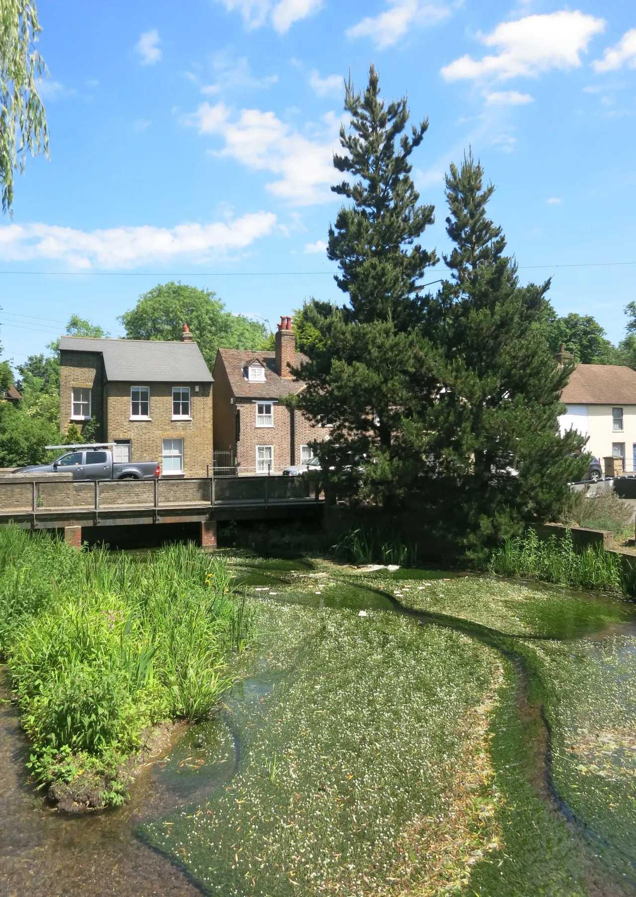 The River Cray running through Bexley Village, with riverside houses on the bank