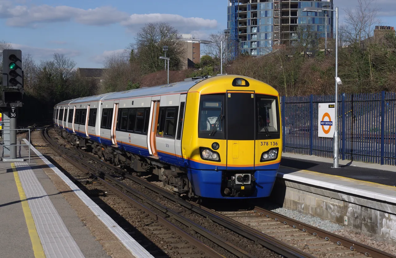 London Overground train arriving at West Croydon station, near Broad Green