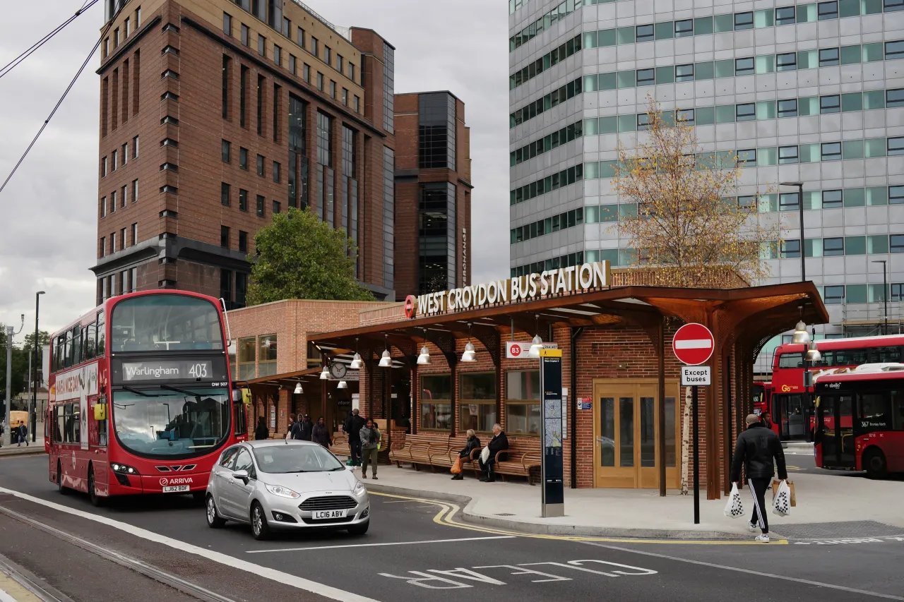 West Croydon bus station and surrounding street, close to Broad Green, on a sunny day