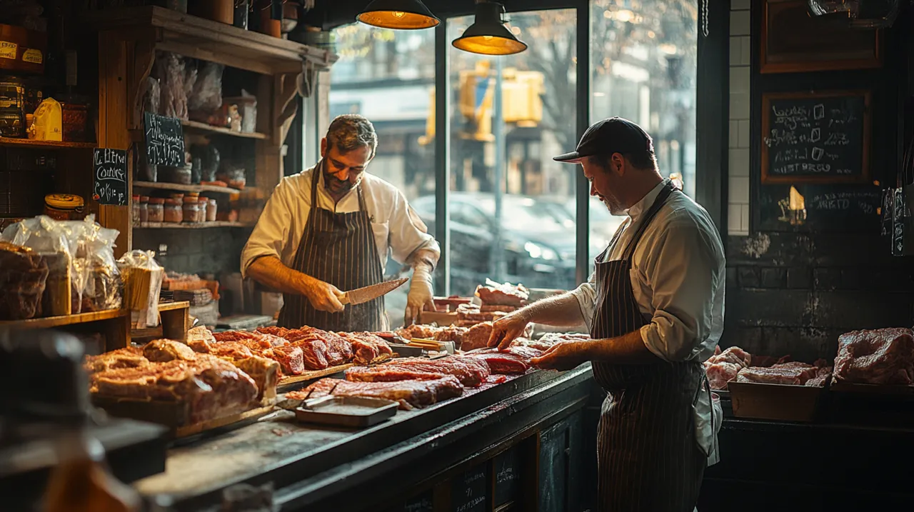 Two butchers in aprons preparing cuts of meat at the counter of a traditional butcher shop
