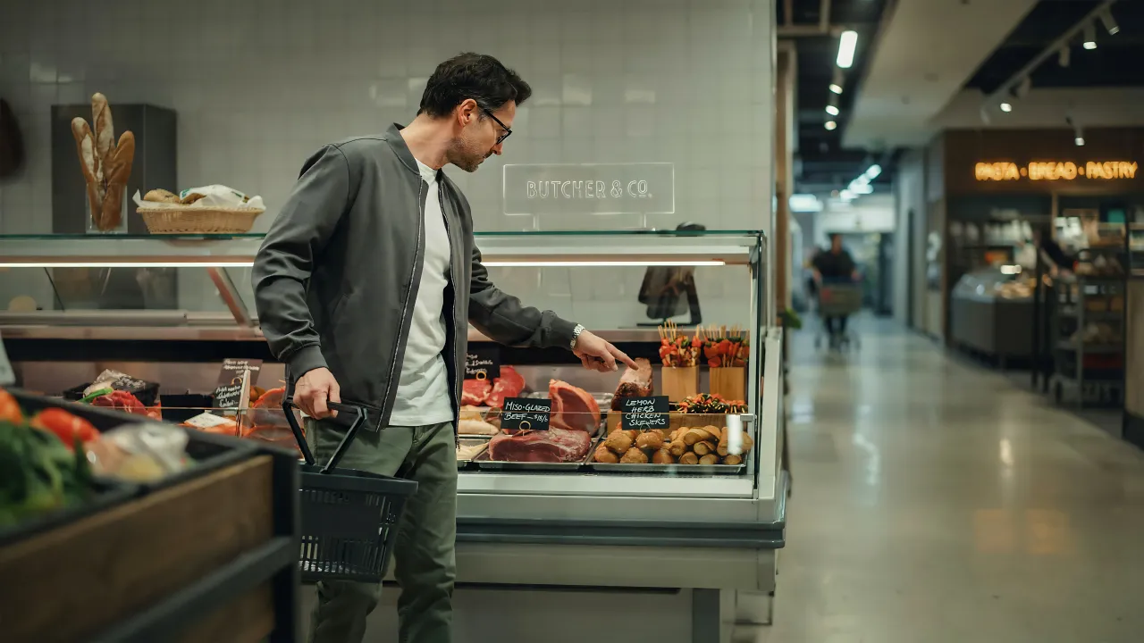 A shopper in a jacket carrying a basket and looking at the meat display cabinet in a butcher counter