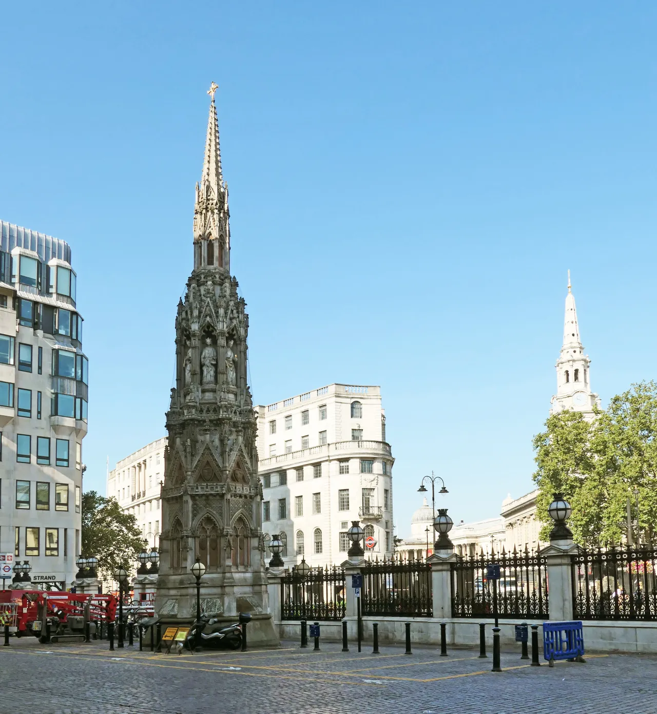 The Eleanor Cross at Charing Cross with Charing Cross station's spire behind it, London