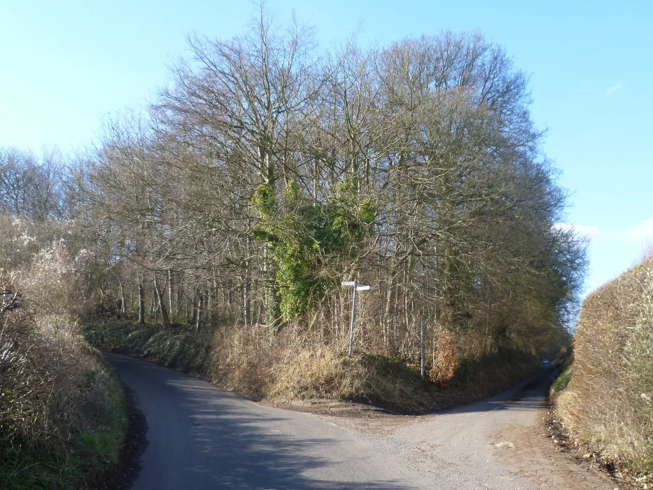The junction of Shacklands Road and Chelsfield Lane, a rural lane near Chelsfield