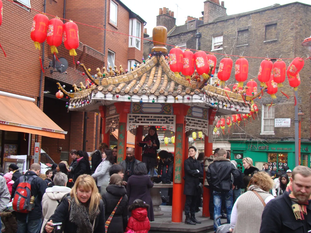 The Pagoda at Newport Place, Chinatown, London, with visitors
