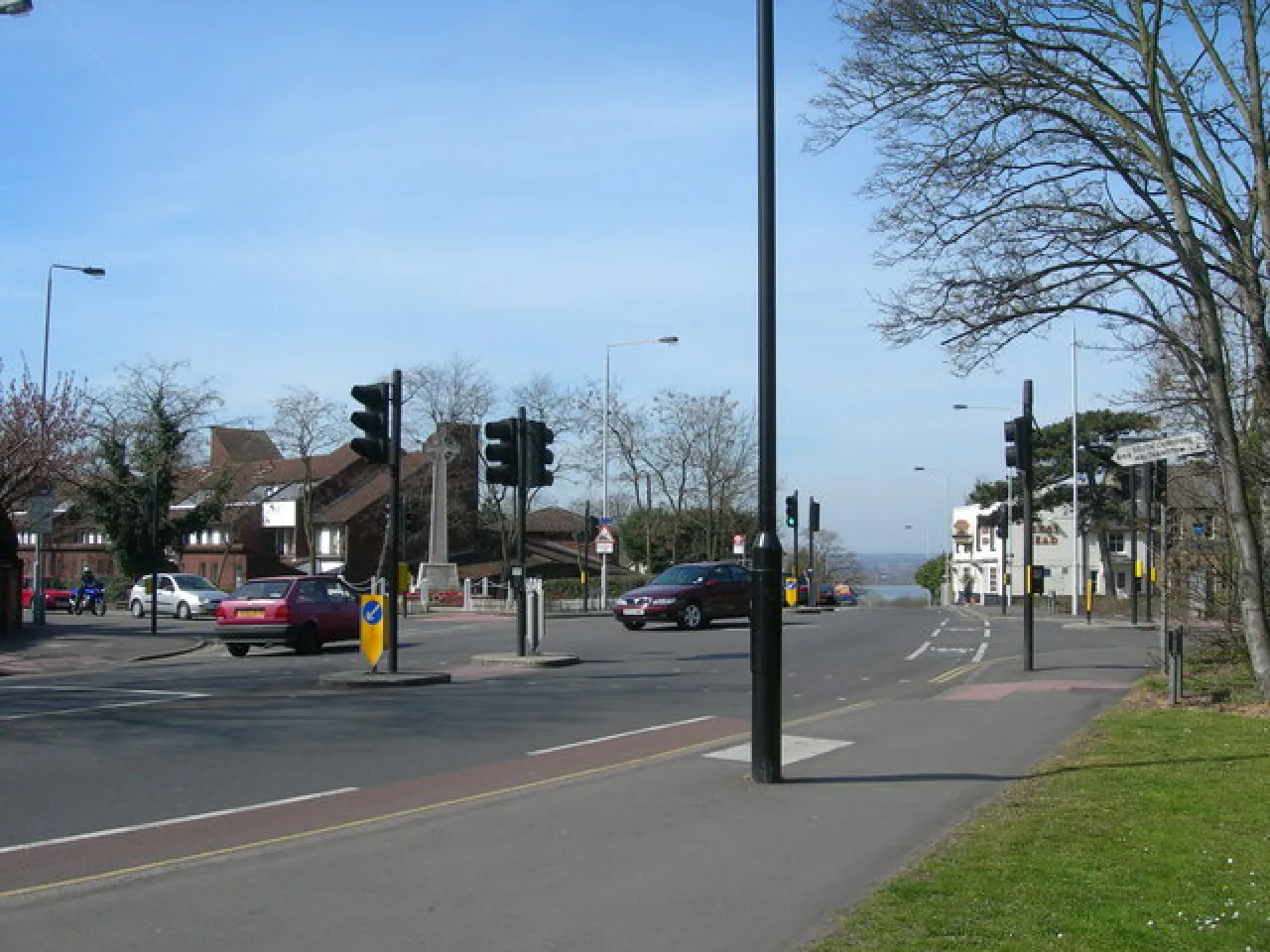 The road junction of The Green, Kings Head Hill and The Ridgeway, Chingford Green