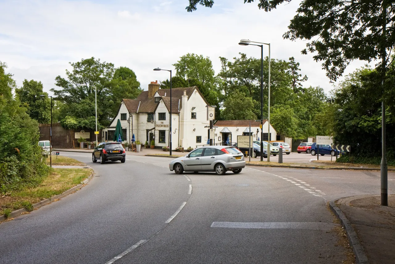 The Fallow Buck pub at the road junction on Clay Hill, Enfield